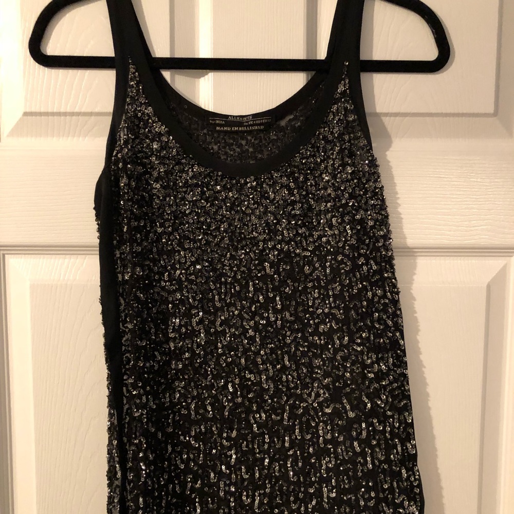 All Saints black and silver sheer sequin top